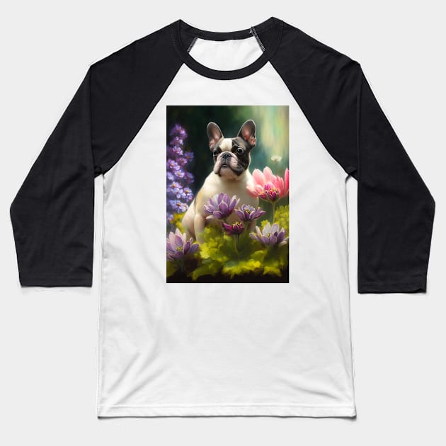 Pied French Bulldog in Flowers Card Baseball T-Shirt by candiscamera